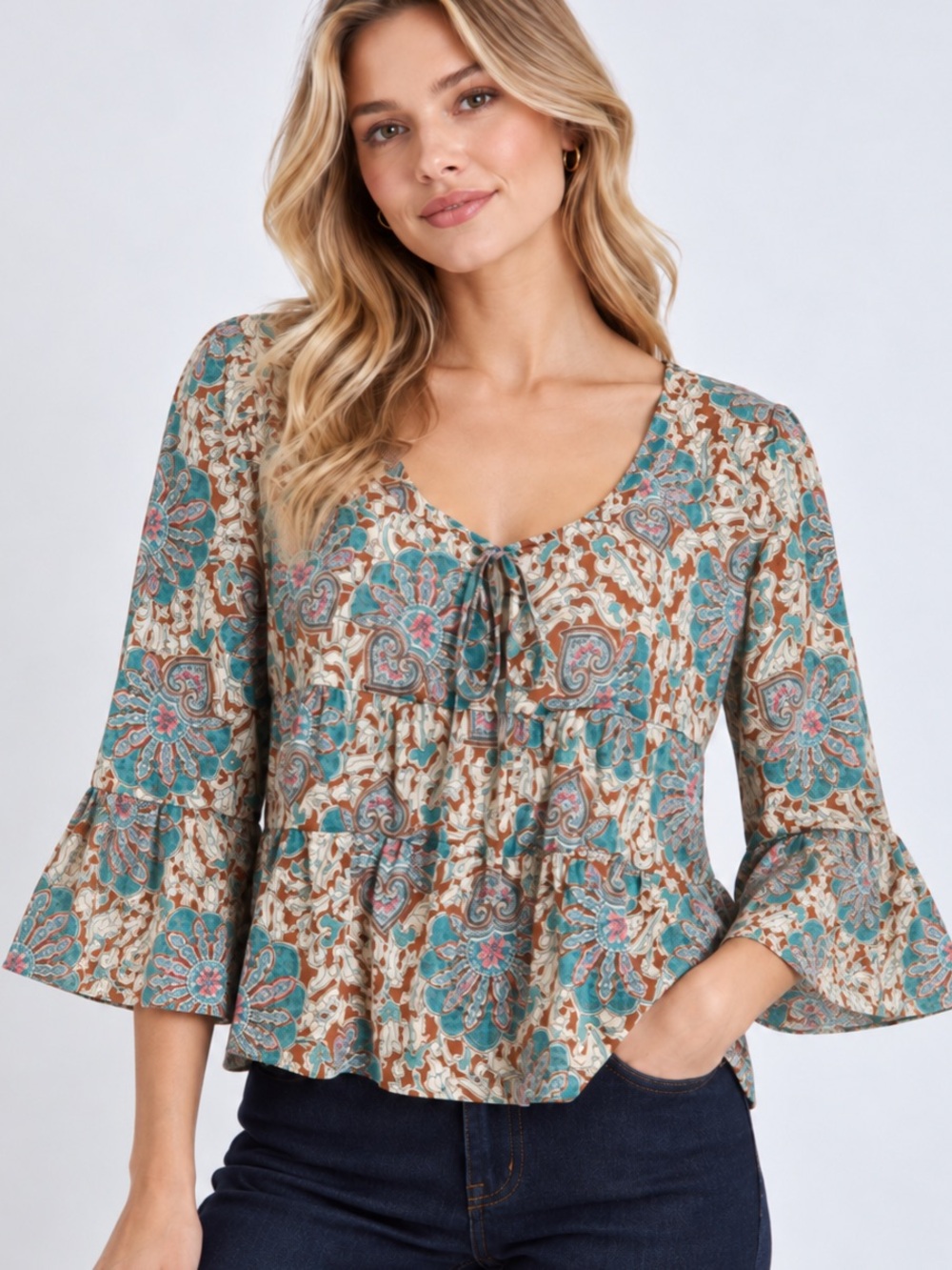 NWT Veronica Beard Azel Blouse Caramel Multi Paisley Bell Sleeve XS/0
